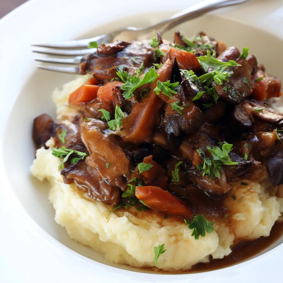 Close-up view of Rich Mushroom Stew, a comforting vegetarian meal with root mash.