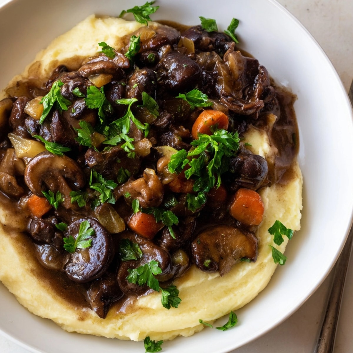 Earthy Rich Mushroom Stew simmering in pot, aromatic herbs and delicious vegetables visible.
