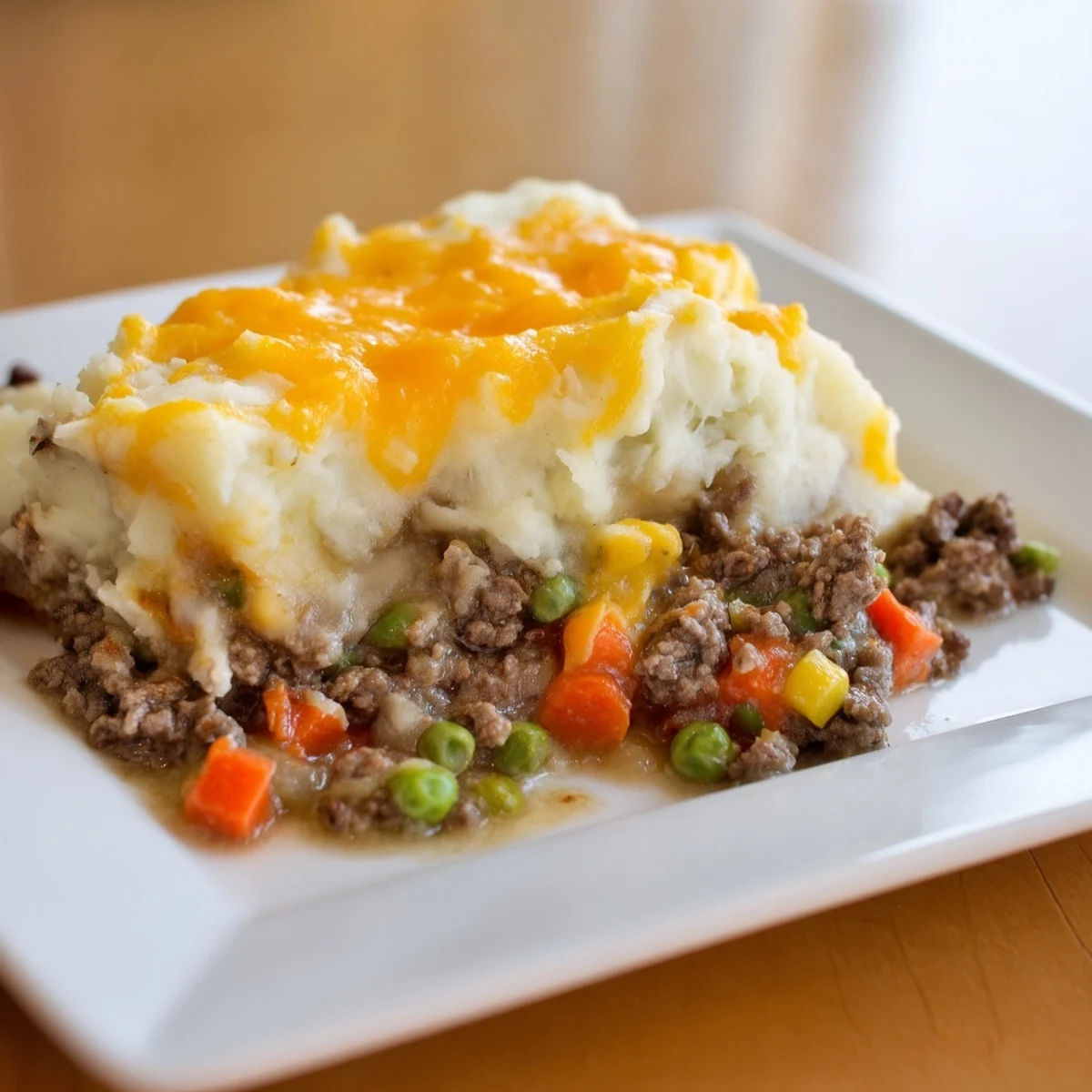 Golden-baked Budget Shepherds Pie, showing a hearty, savory meat filling under creamy mashed potatoes.