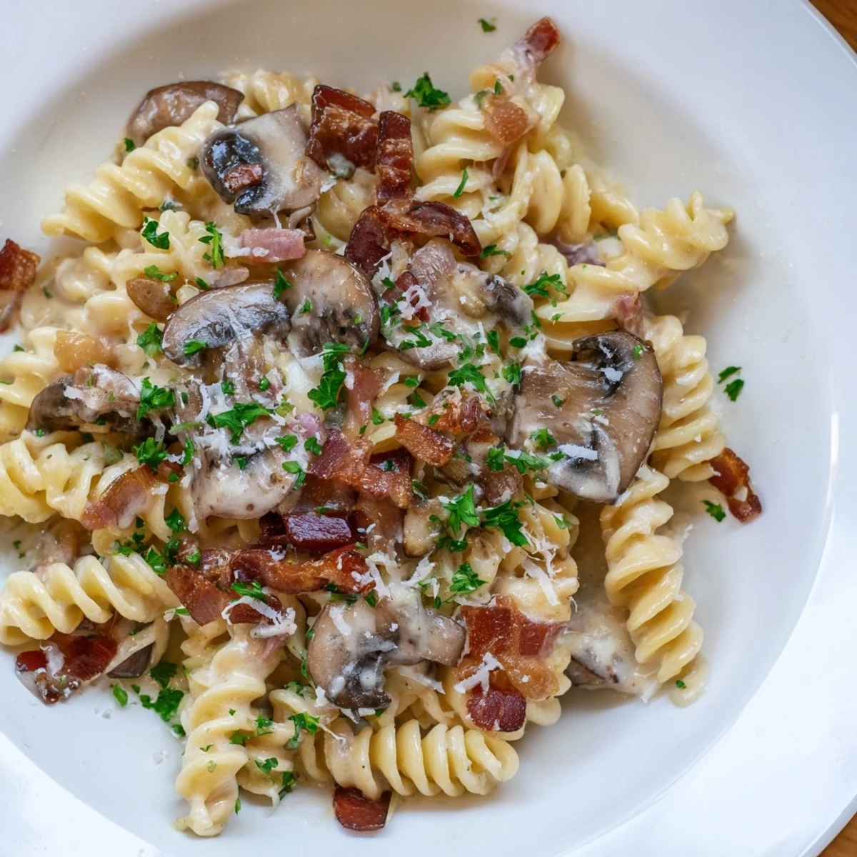 Golden fusilli with bacon, onions, and mushrooms, a comforting Italian-inspired pasta dish.