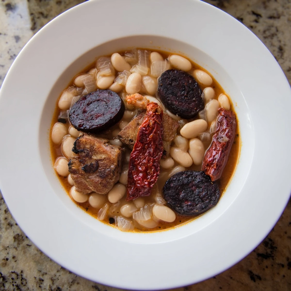 Hearty bowl of Budget Fabada Asturiana, a budget-friendly stew brimming with savory flavors and textures.