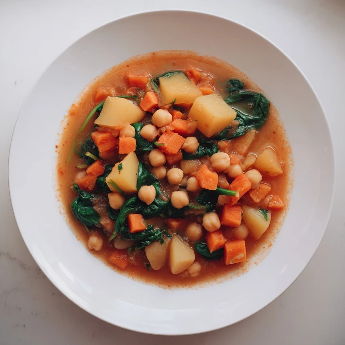 A steaming bowl of Creamy Garbanzos with Spinach Stew, served with a lemon wedge and fresh parsley.