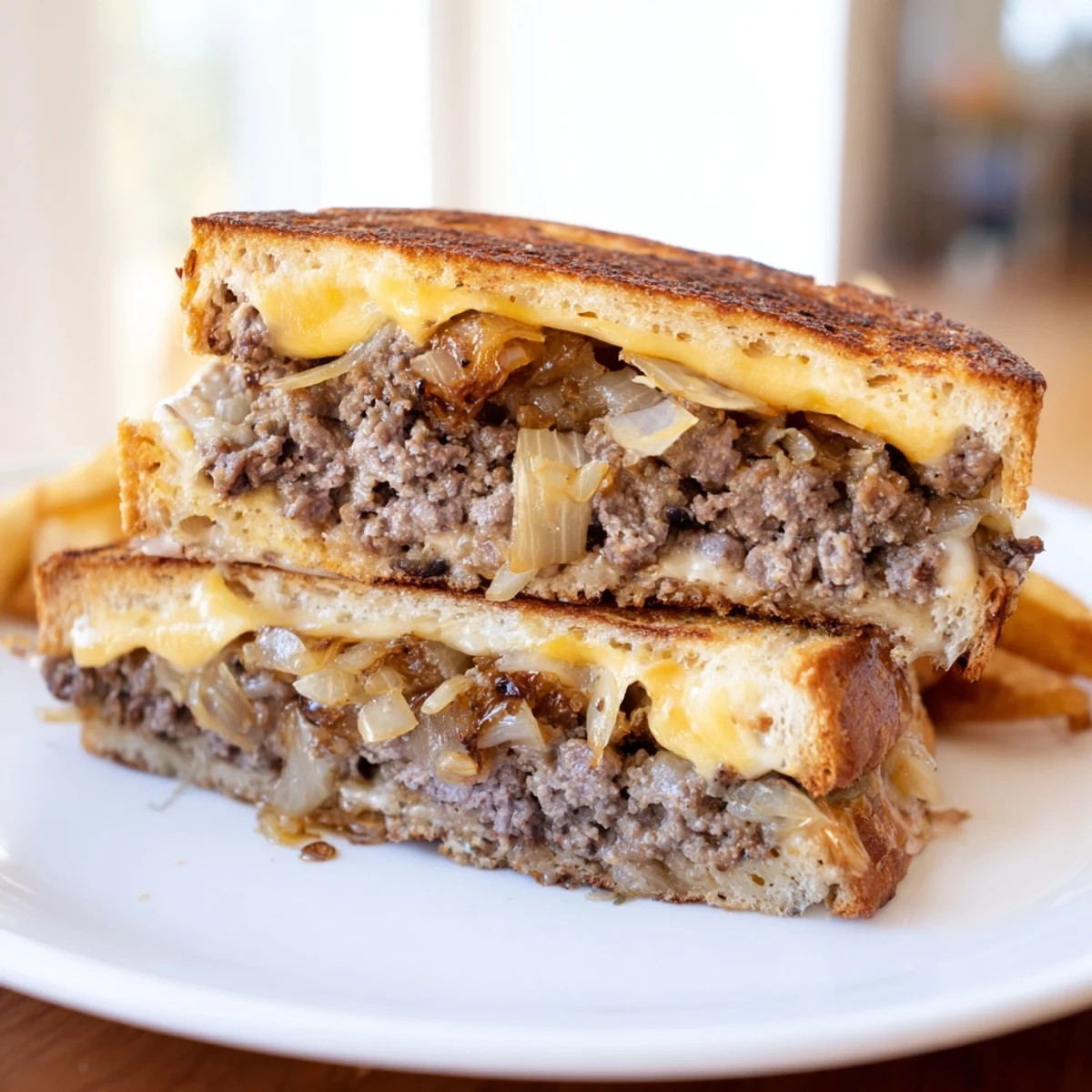 Crispy, golden-brown cast-iron patty melts, oozing melted Swiss cheese and caramelized onions.