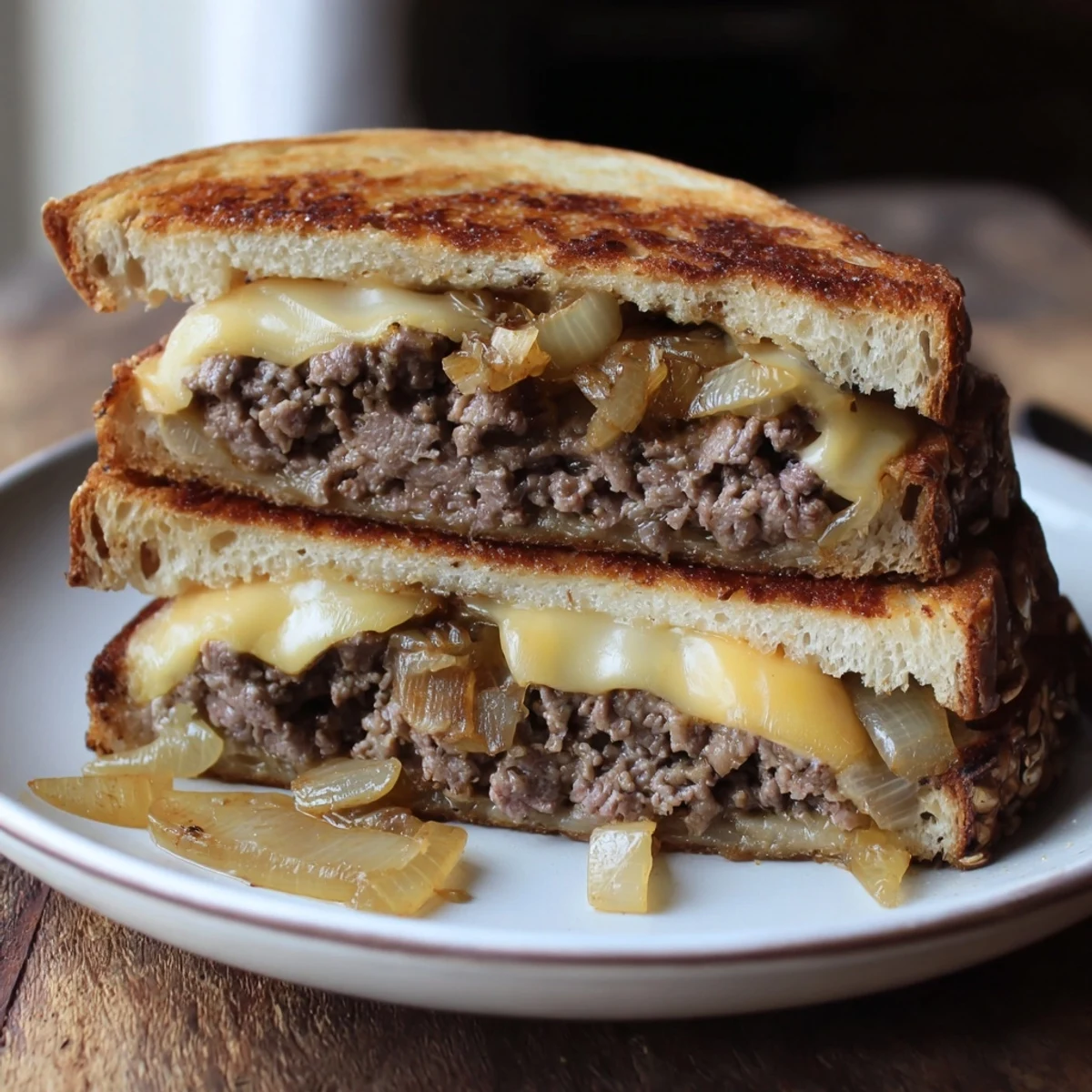 Mouthwatering, stacked cast-iron patty melts with layers of beef and melted cheese.