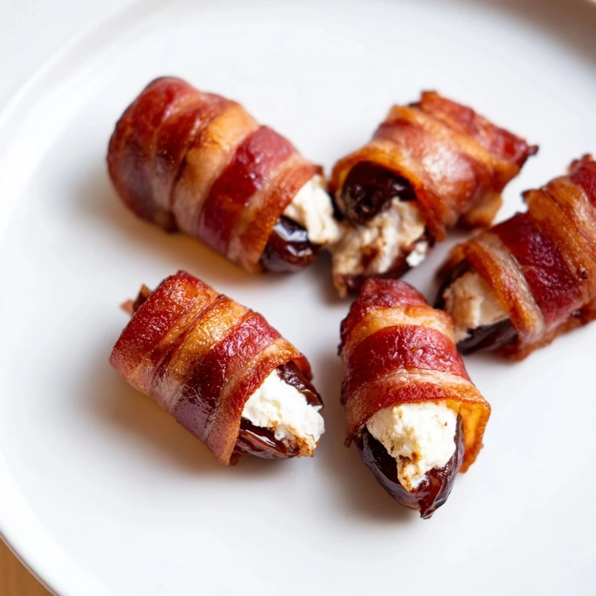Crispy bacon wraps around warm Goat Cheese Stuffed Bacon Wrapped Dates, perfect party appetizer ready to enjoy.