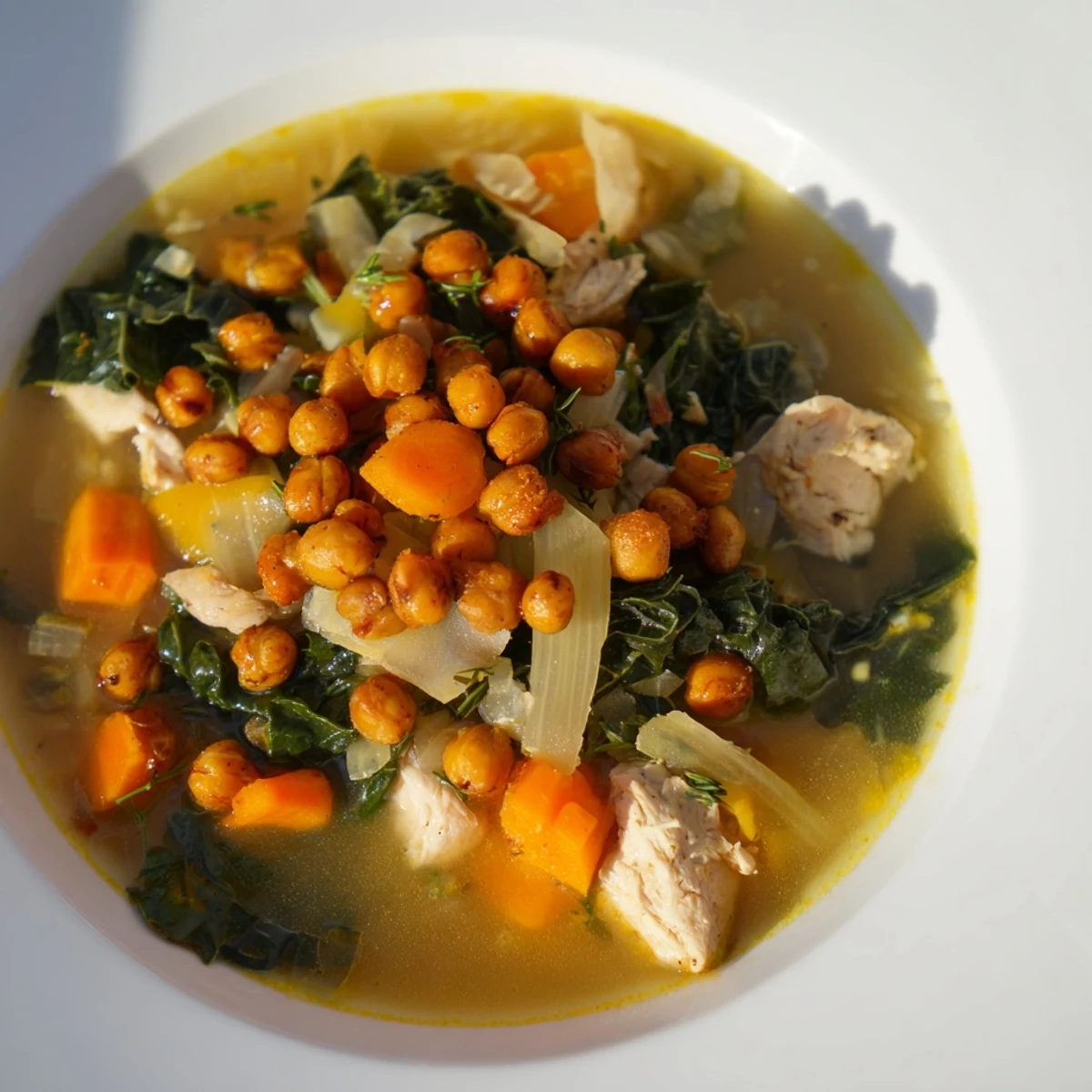 Hearty Chicken Kale Soup with crispy chickpeas, a comforting bowl of nutritious goodness.