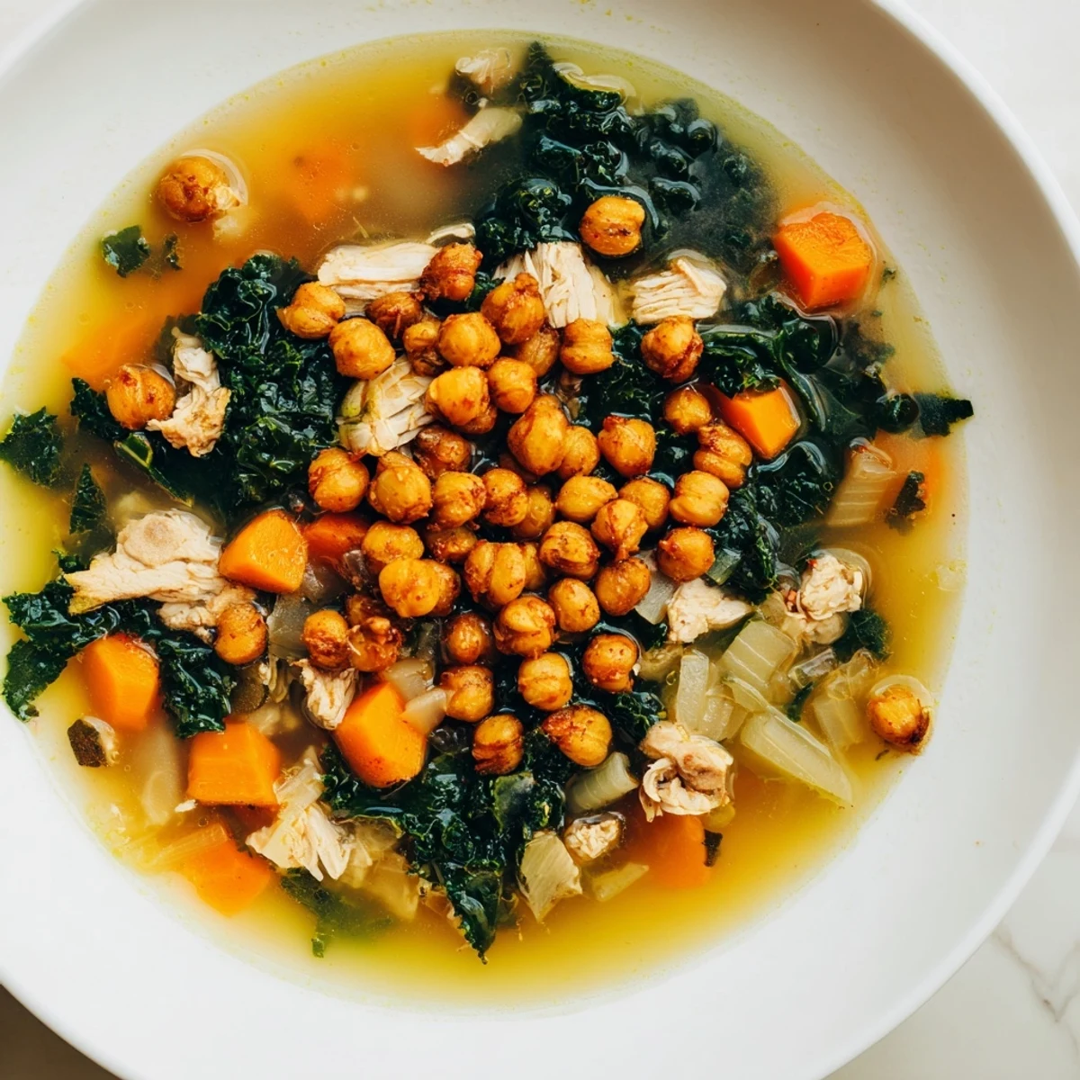 This colorful Chicken Kale Soup features tender chicken and crunchy chickpeas, ready to warm you up.