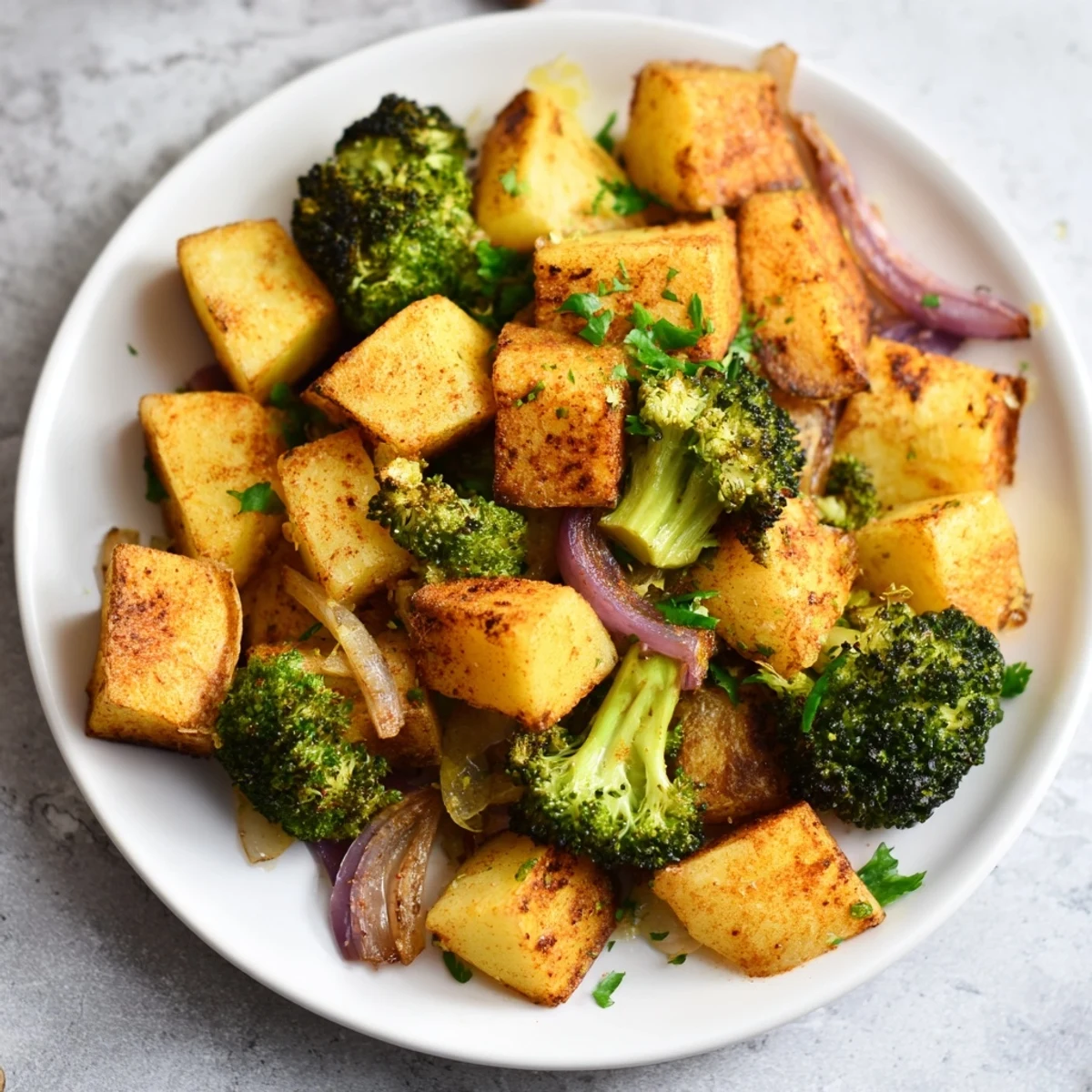 Golden, crisp Roasted Lemon Potatoes and Broccoli, a flavorful vegetarian side dish, ready to serve.