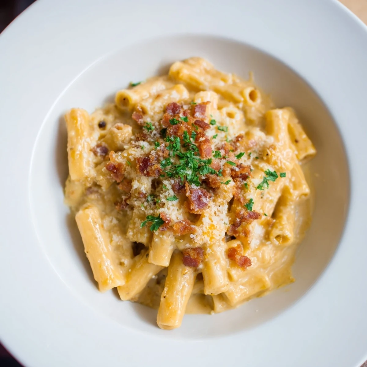Golden, bubbly Sheet Pan Mac and Cheese with crispy bacon crumbles, ready to serve warm.
