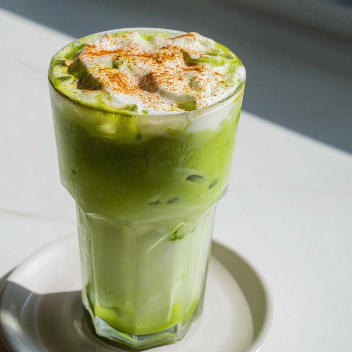 Iced Matcha with Protein Foam, a beautiful layered beverage with cinnamon aromas and frothy topping.