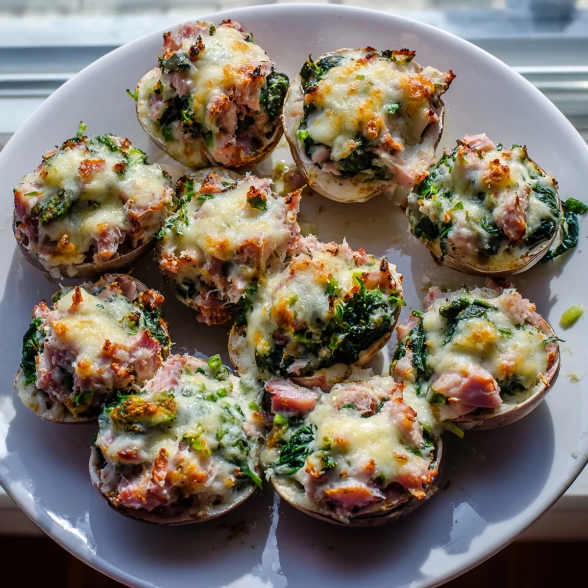High-Protein Cottage Cheese Alfredo Christmas Shells, bubbly and cheesy, ready for a festive holiday dinner.