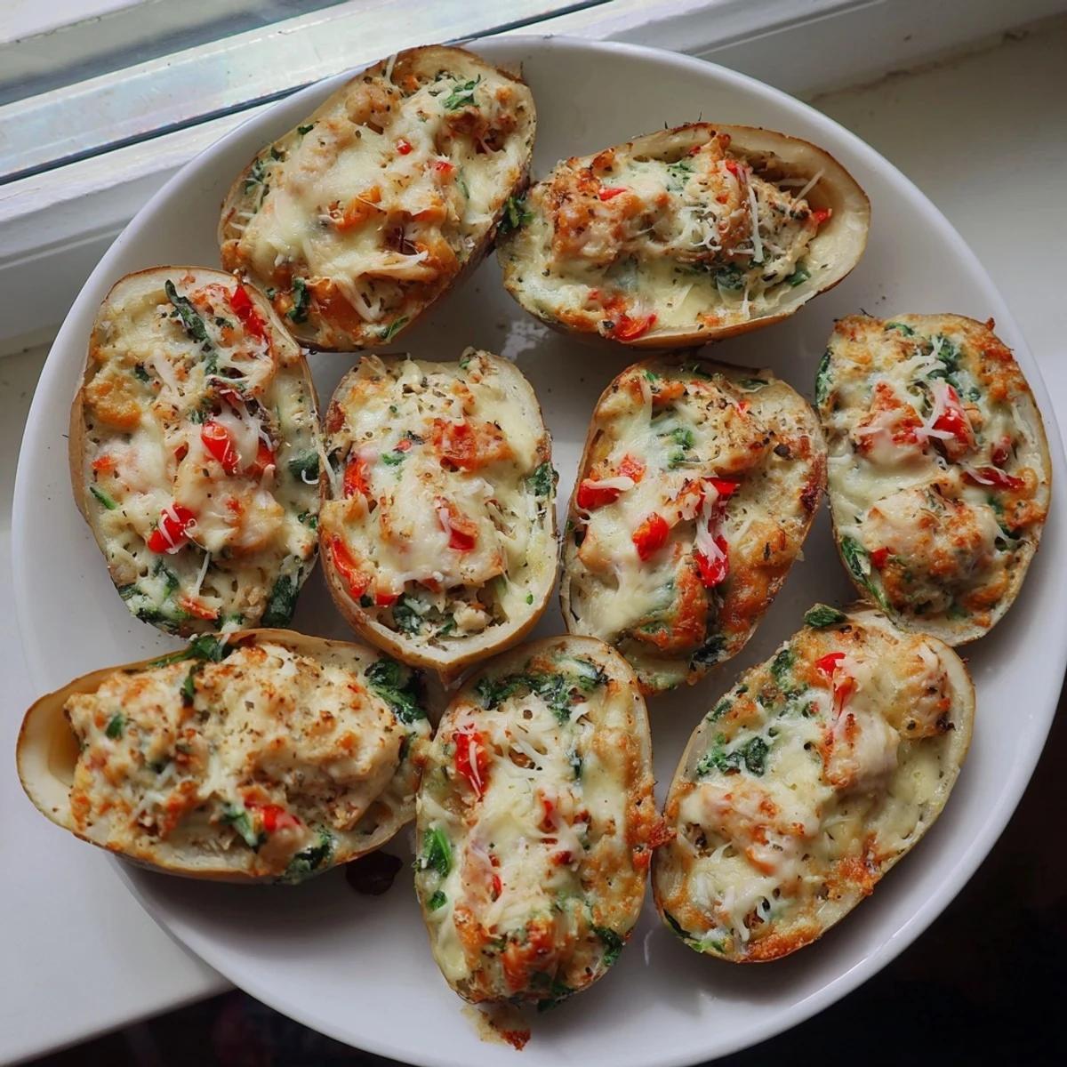 Rich, creamy High-Protein Cottage Cheese Alfredo Christmas Shells with spinach and turkey, a perfect entree.