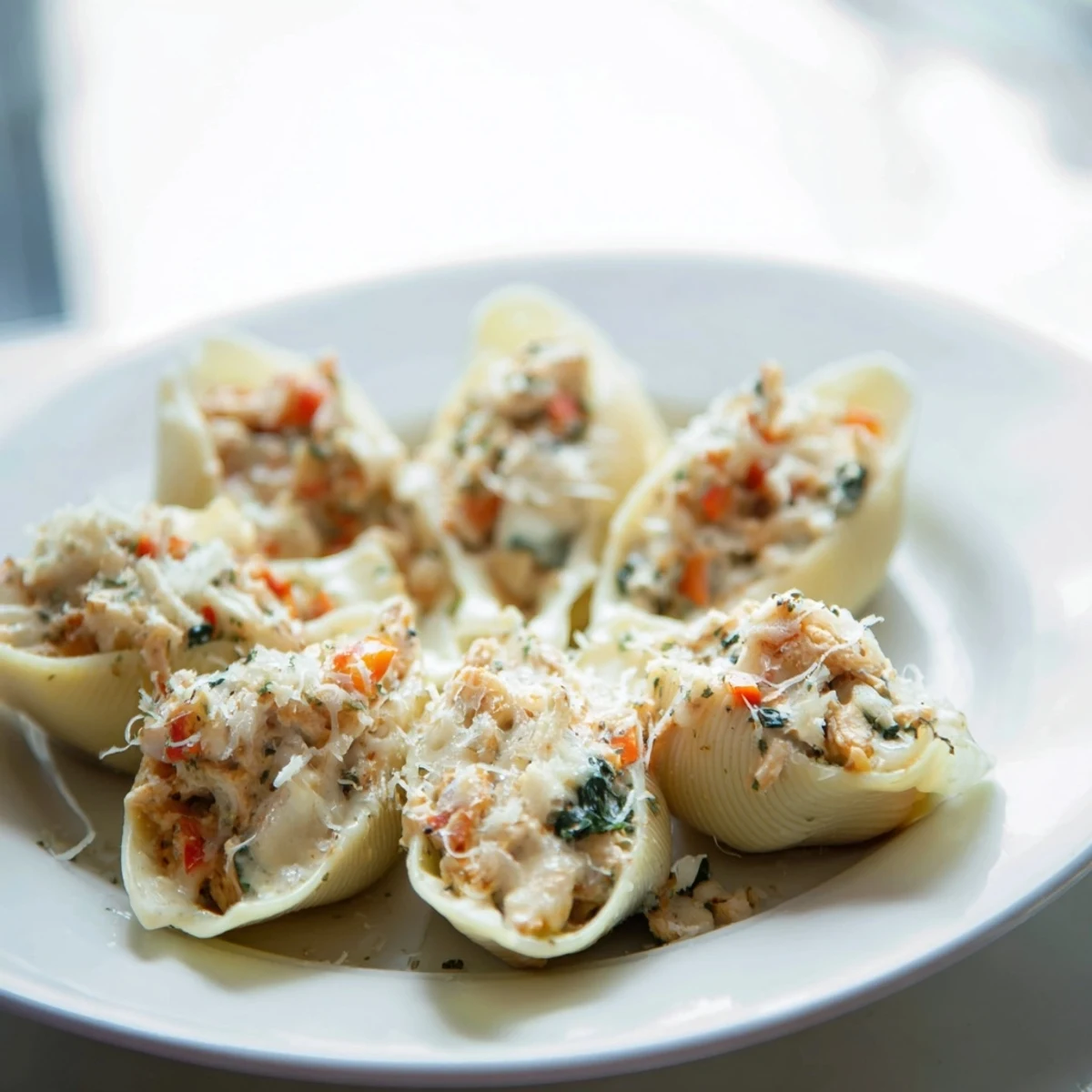 A close-up of High-Protein Cottage Cheese Alfredo Christmas Shells, garnished with parsley and red peppers.