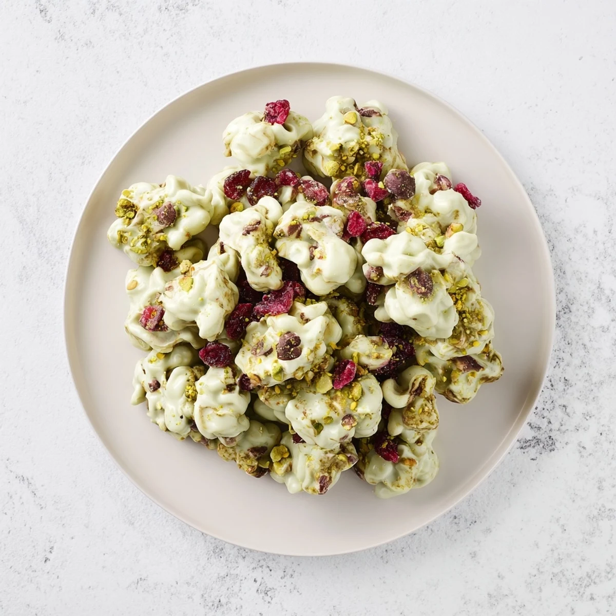 Clusters of vibrant Matcha White Chocolate Cranberry Bark, offering a creamy, earthy, and fruity delight.