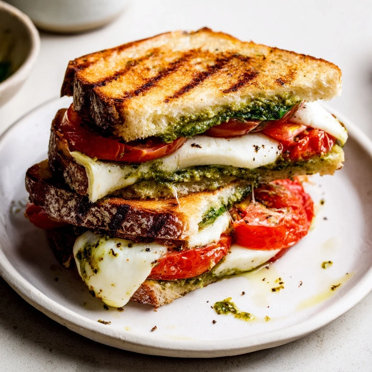 Warm, cheesy Caprese Pesto Panini-Style Grilled Cheese with visible basil pesto and crispy bread.