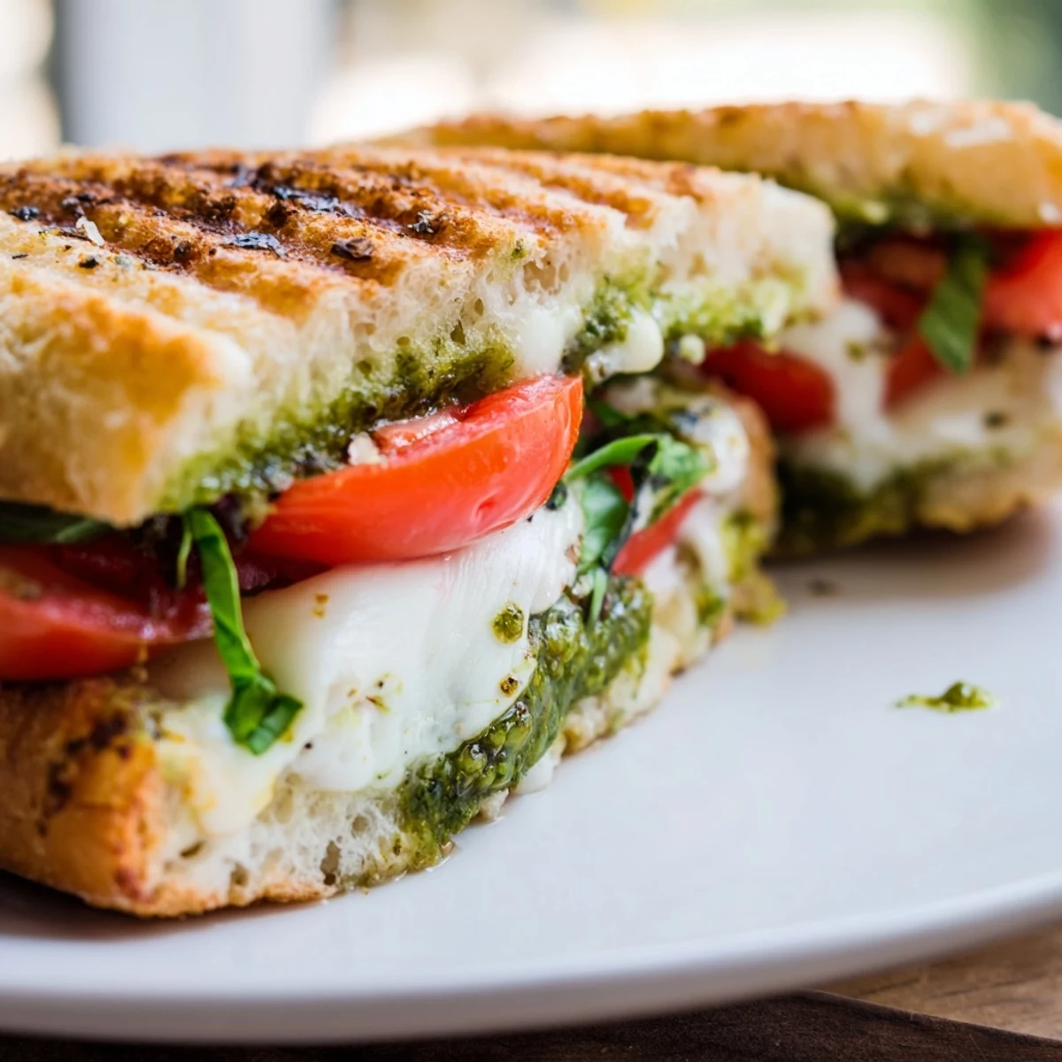 A tasty close-up showing the melted mozzarella in a Caprese Pesto Panini-Style Grilled Cheese.