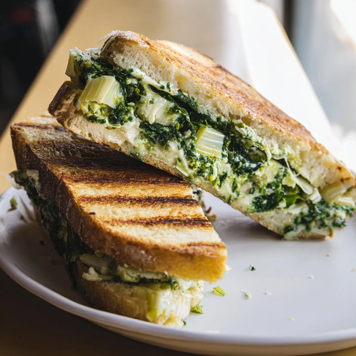 Golden, melted Sourdough Spinach Artichoke Dip Grilled Cheese, oozing with cheesy goodness and served warm.