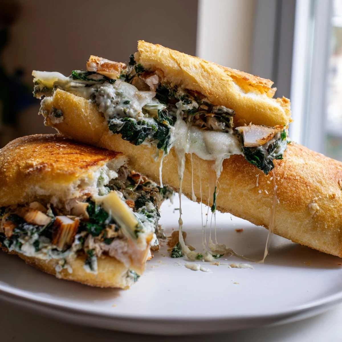 Crispy sourdough slices encase melty, creamy Sourdough Spinach Artichoke Dip Grilled Cheese, a perfect comfort food.