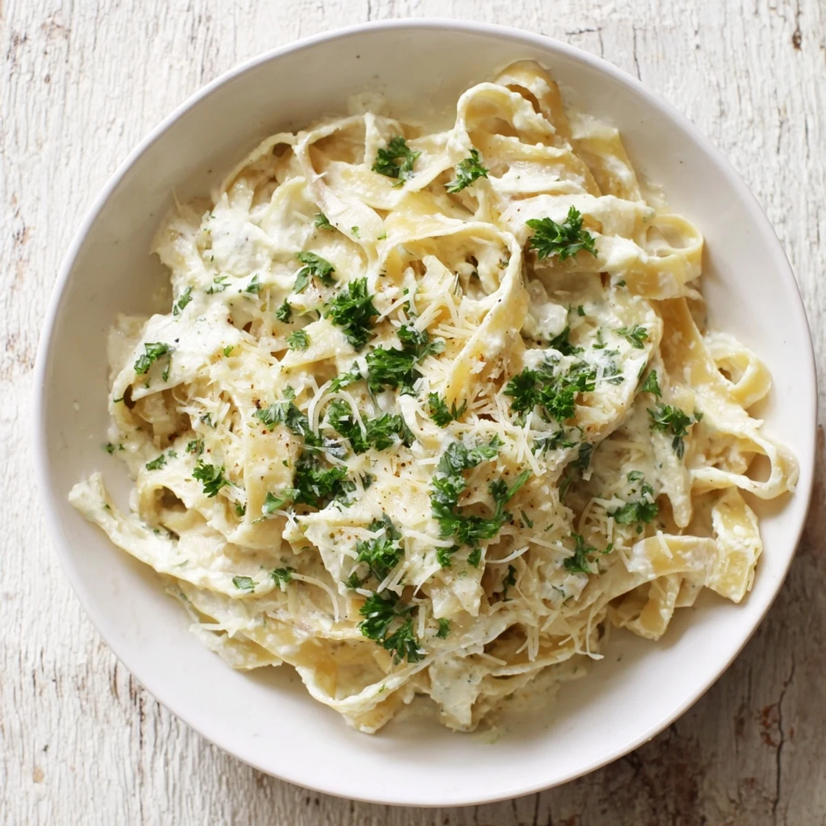 Creamy Skinny Alfredo Garlic Parmesan Pasta, ready to eat, topped with fresh parsley and extra Parmesan.