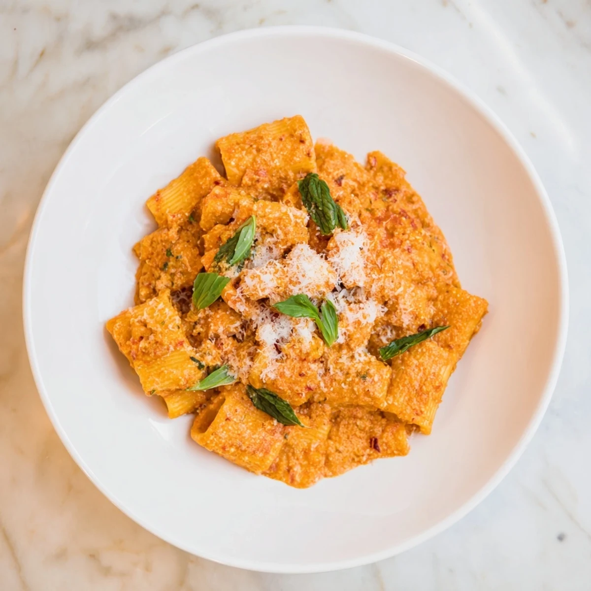 A close-up of creamy roasted red pepper Santa hat pasta illustrates the creamy textures and festive presentation.