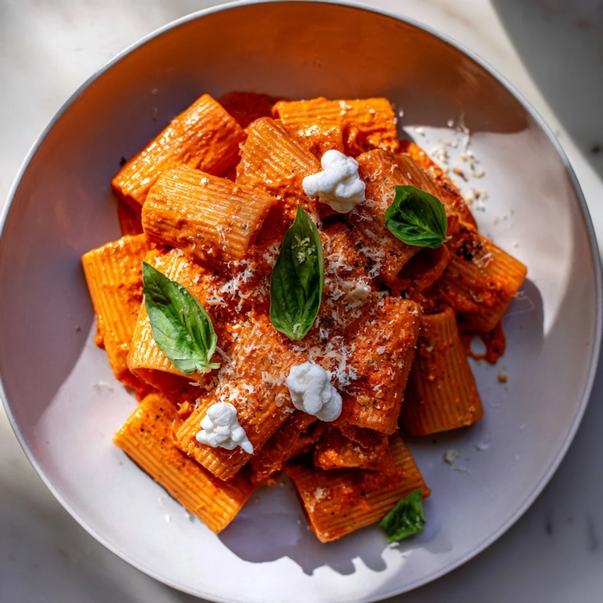 Vibrant plate of creamy roasted red pepper Santa hat pasta: warm, inviting, and perfect for dinner.