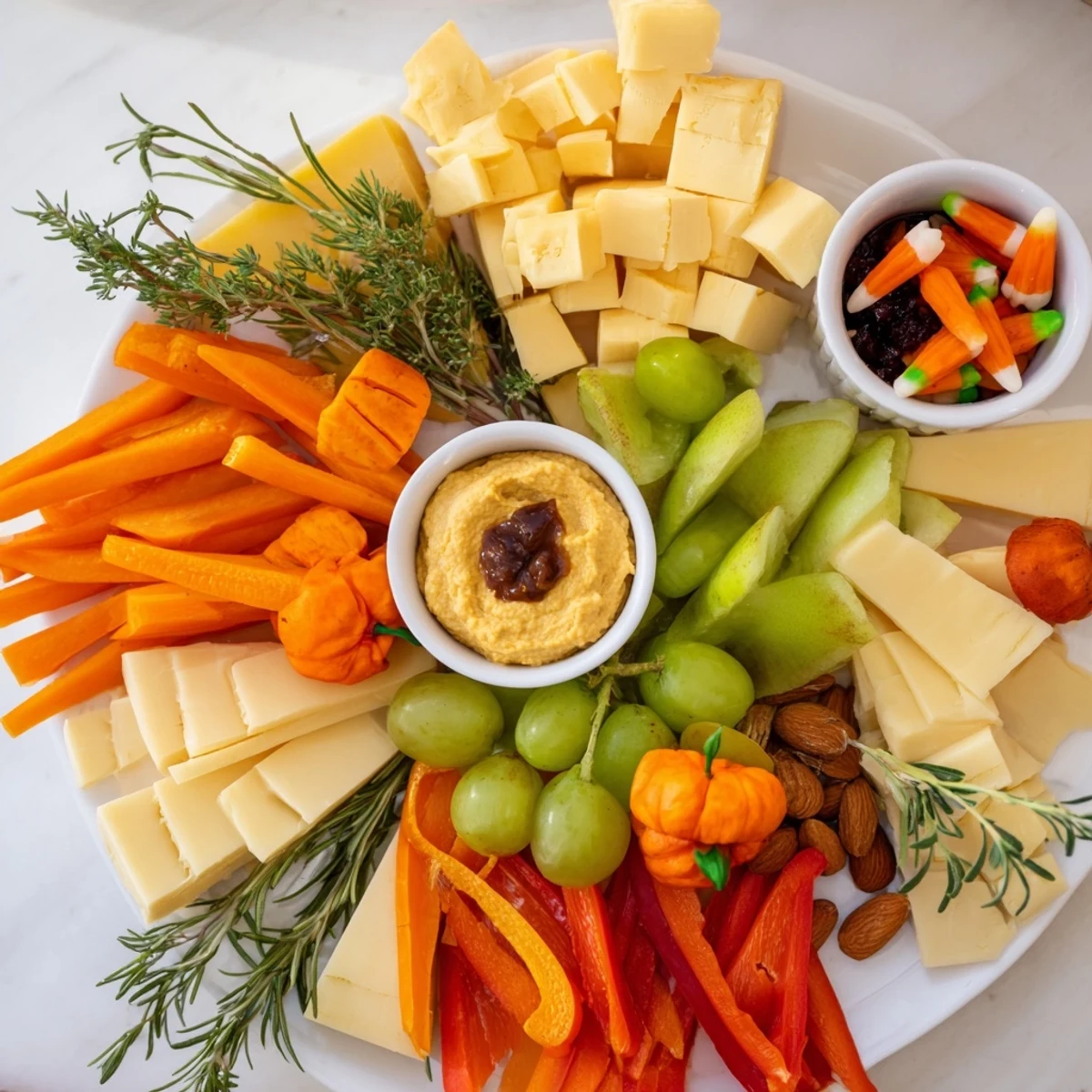 A colorful Pumpkin Patch Snack Board with cheddar, gouda, and fresh fall fruits.