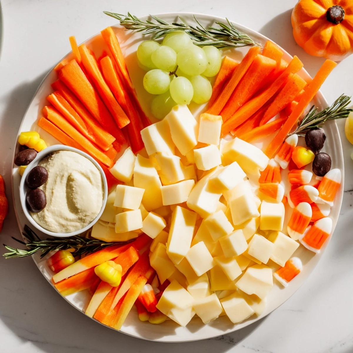 Vibrant photo of a festive Pumpkin Patch Snack Board overflowing with seasonal treats and dips.