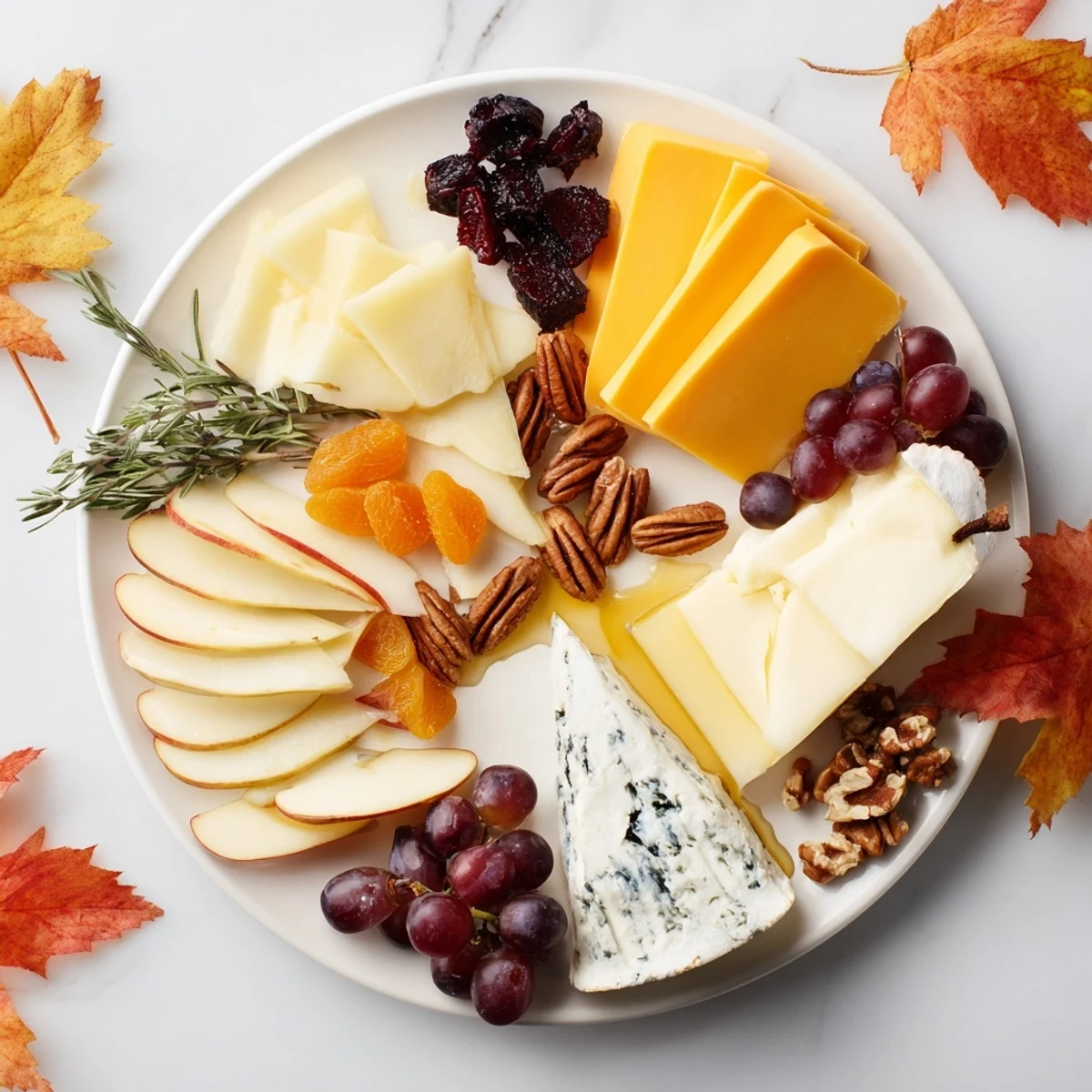 Indulge in an Autumn Leaf Cheese Platter, showcasing diverse cheeses alongside fresh pears, apples, and grapes.