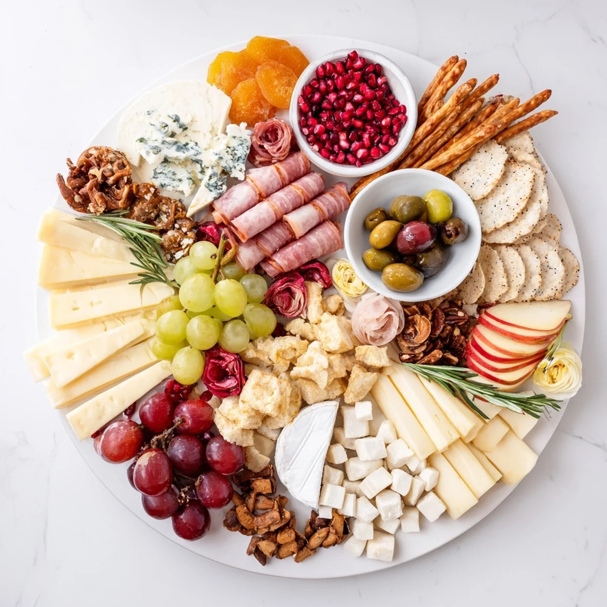 This beautiful Winter Wonderland Grazing Tray presents an array of delicious cheeses, fruits, and crackers perfect for sharing.