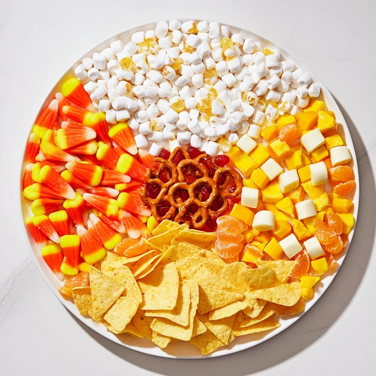 Colorful Halloween Candy Corn Spooky Board arranged with sweet, savory, and fruit treats.