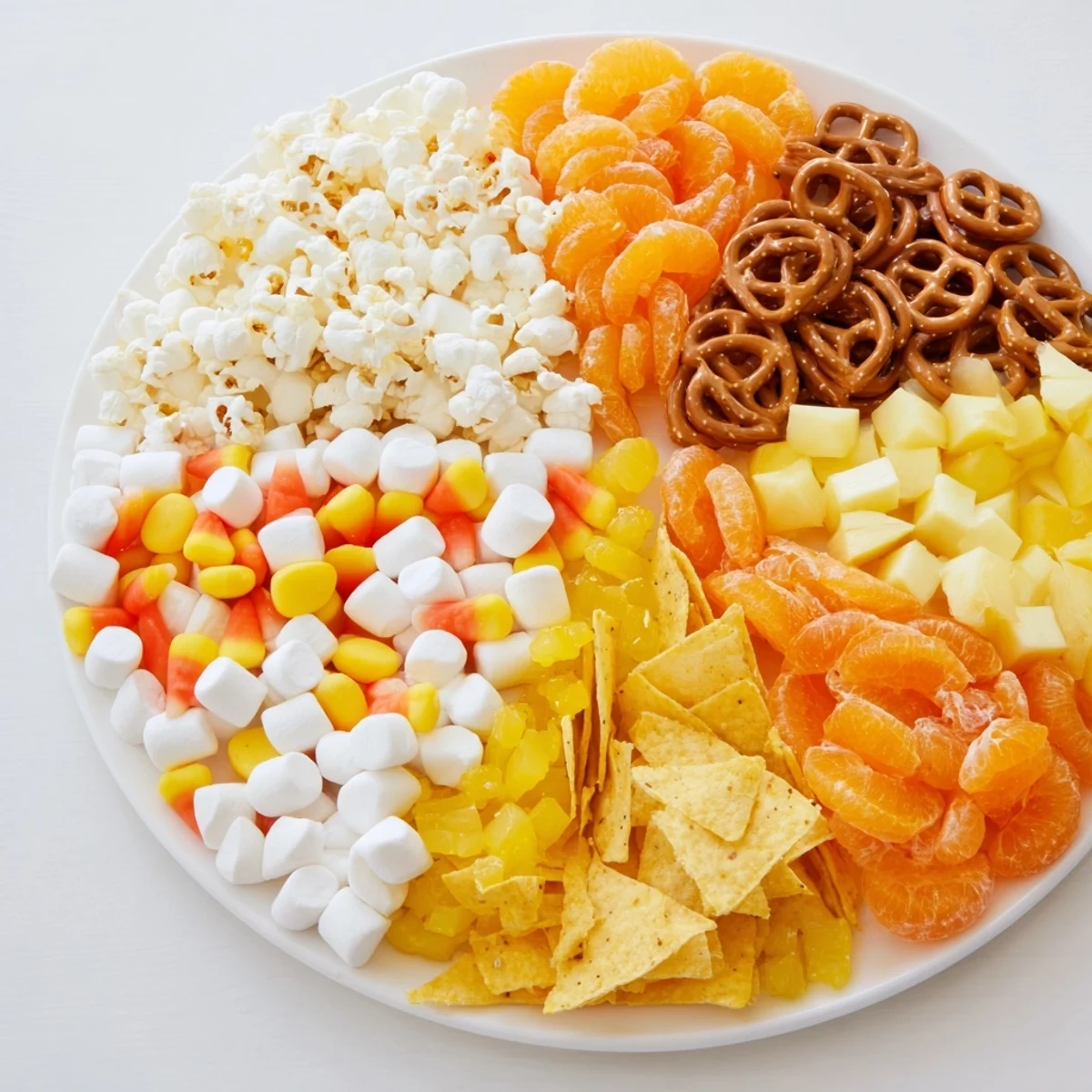Vibrant close-up of a Candy Corn Spooky Board displaying festive orange, white, and yellow snacks.