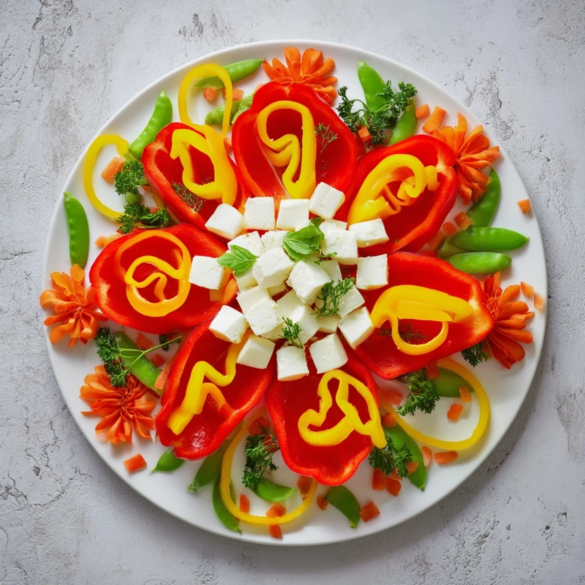 Vibrant Festive Poinsettia Platter featuring red pepper "petals" and mozzarella, ready for holiday parties.