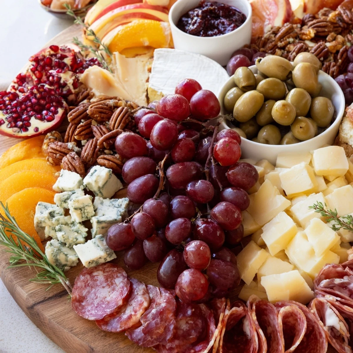 A beautifully arranged Jingle Bell Cheese Board with colorful fruits, crackers, and cheeses ready to enjoy.