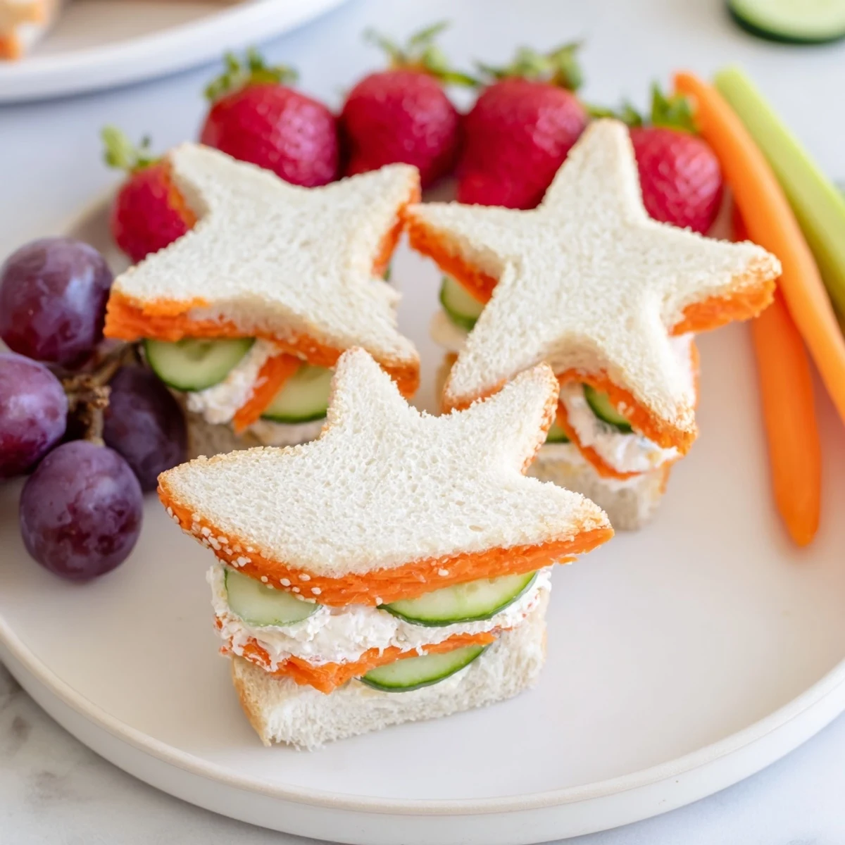Colorful Beach Day Starfish snack platter filled with playful sandwiches, fruits, and crackers.