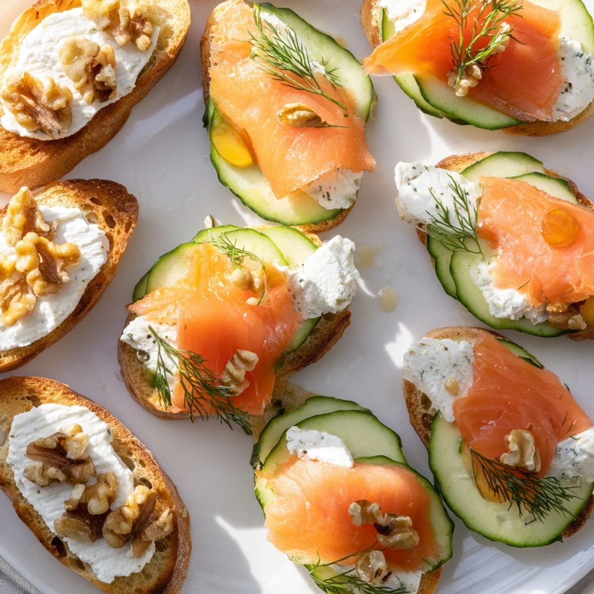 Elegant arrangement of champagne pairings, showcasing salmon bites and brie appetizers for New Year's.