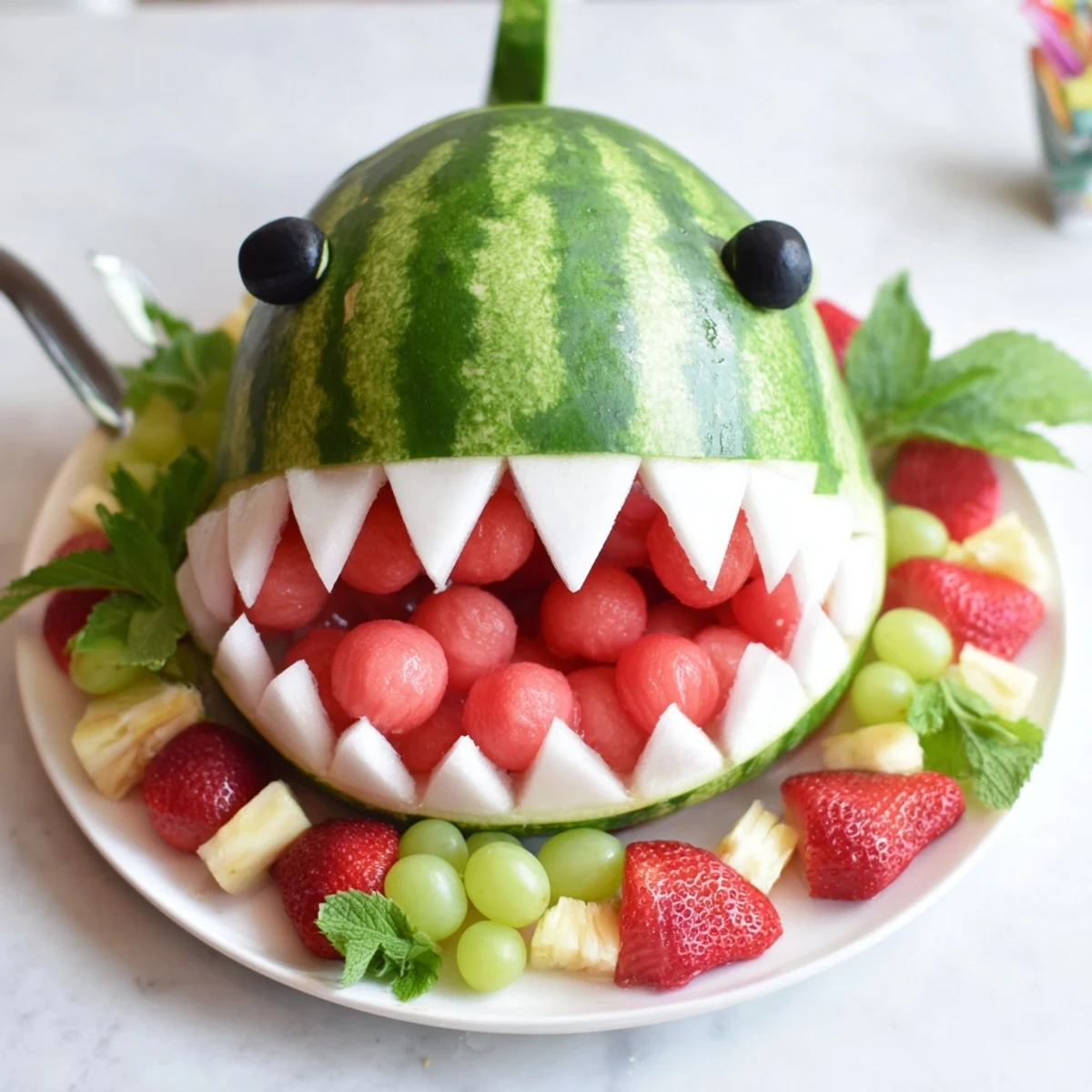 Refreshing Watermelon Wave Shark Snack Board overflowing with vibrant fruits and crunchy pretzels.