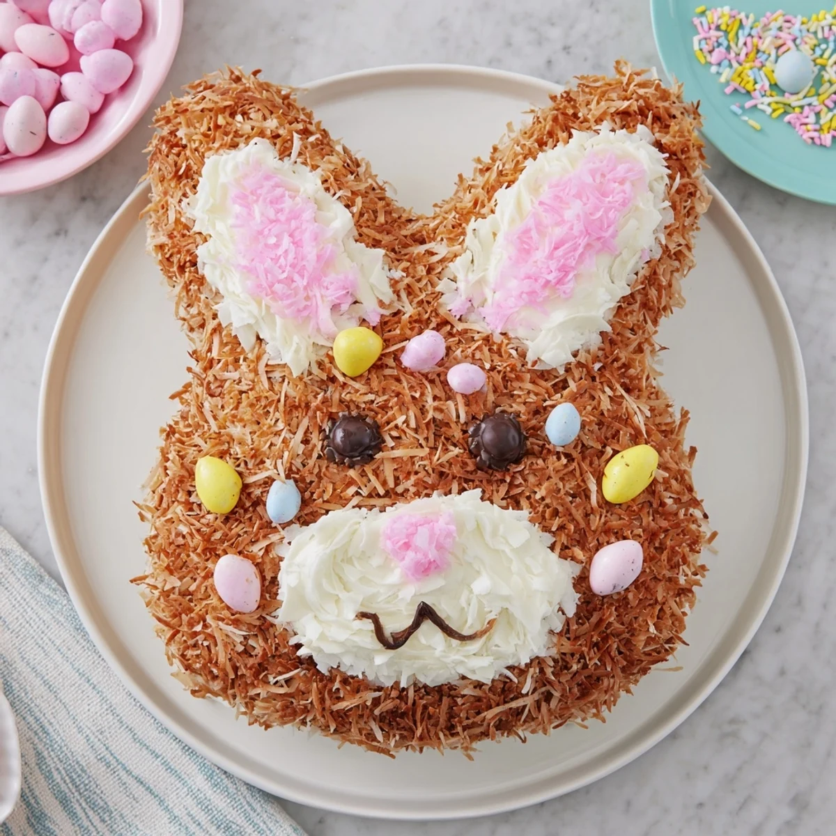 Moist Spring Bunny Carrot Cake, frosted with cream cheese, adorned with candies and sprinkles.