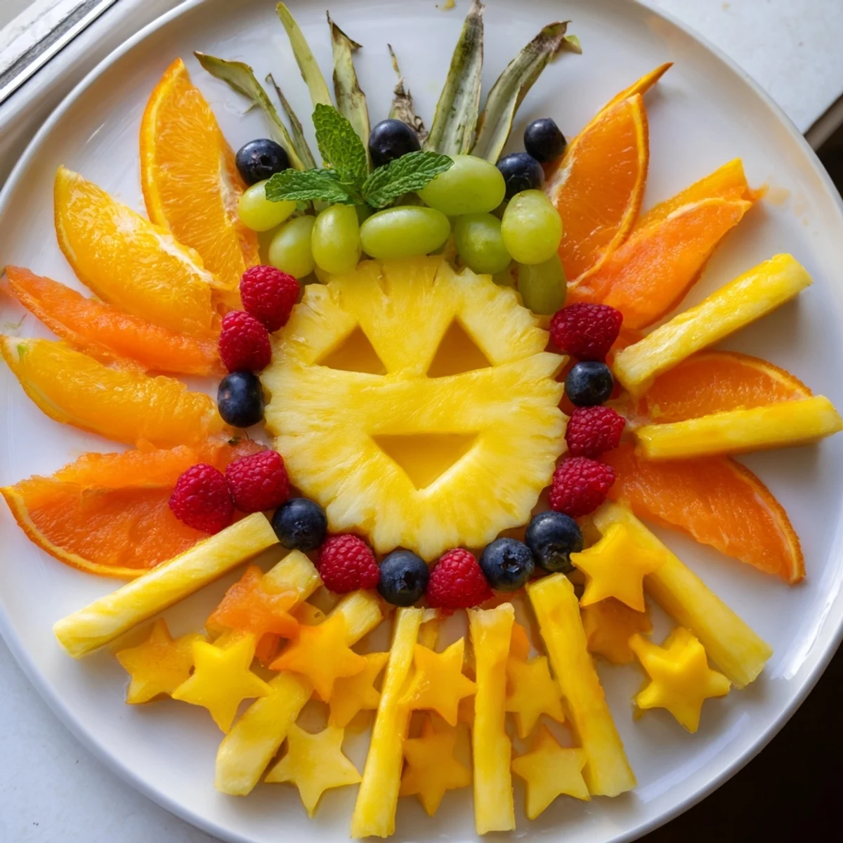 Beautifully arranged Summer Rays Sun-Shaped Fruit Tray bursting with vibrant tropical fruit segments.