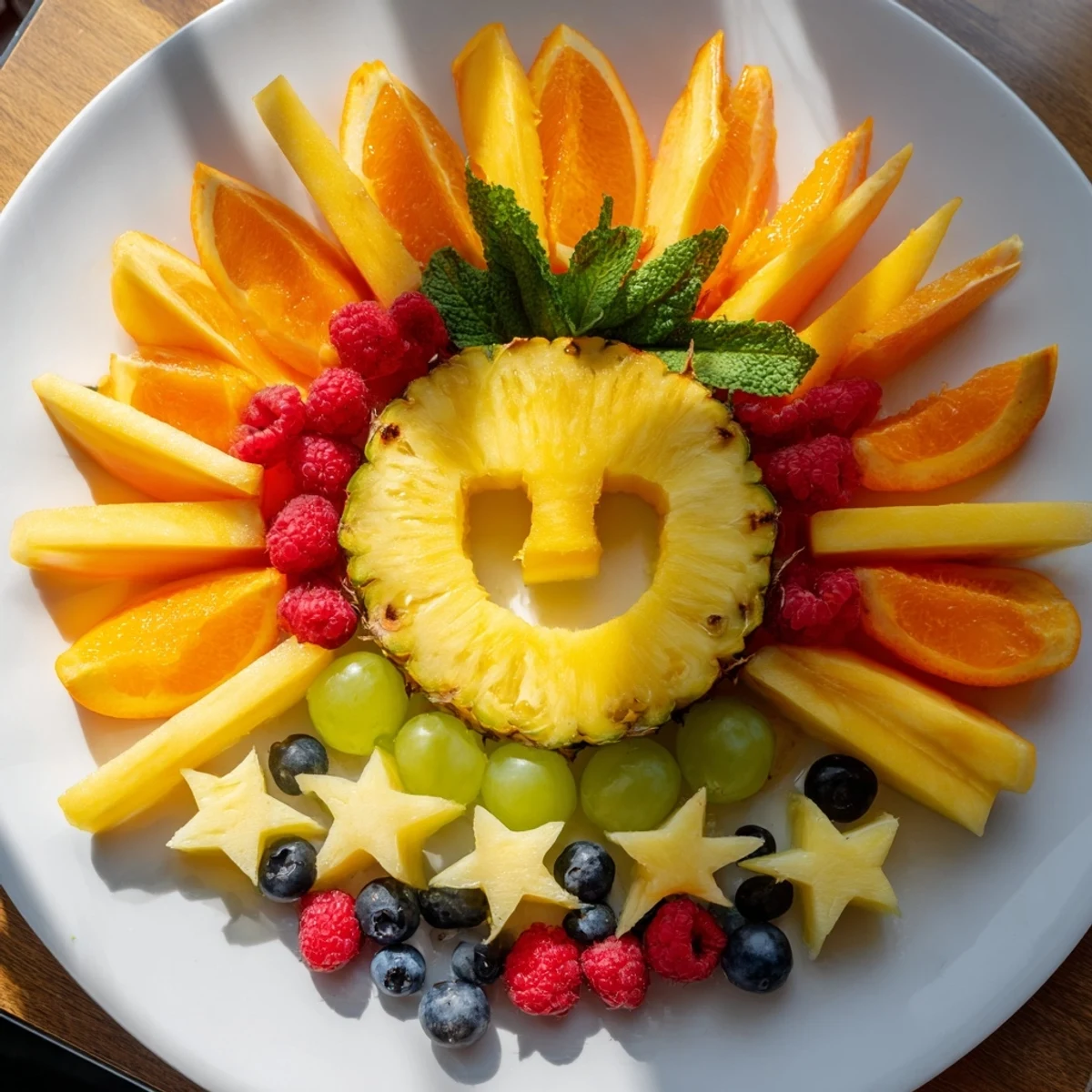 A colorful display of the Summer Rays Sun-Shaped Fruit Tray, perfect for a refreshing summer snack.