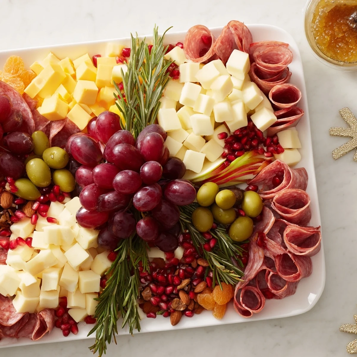 Festive Holiday Bow Appetizer Platter arranged with colorful cheeses, meats, and fruit, ready to serve and enjoy.