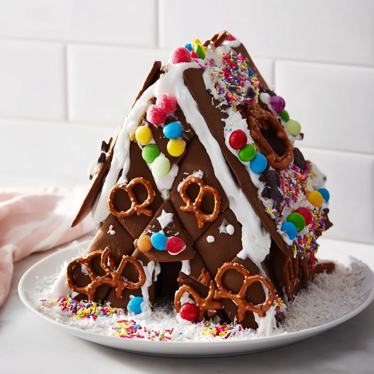 A decorated gingerbread house kit, complete with candies, ready for holiday fun.