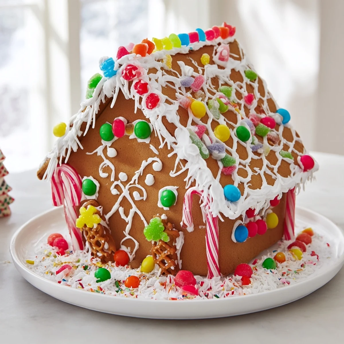 Homemade gingerbread house with a snowy rooftop and colorful candy decorations for a treat.