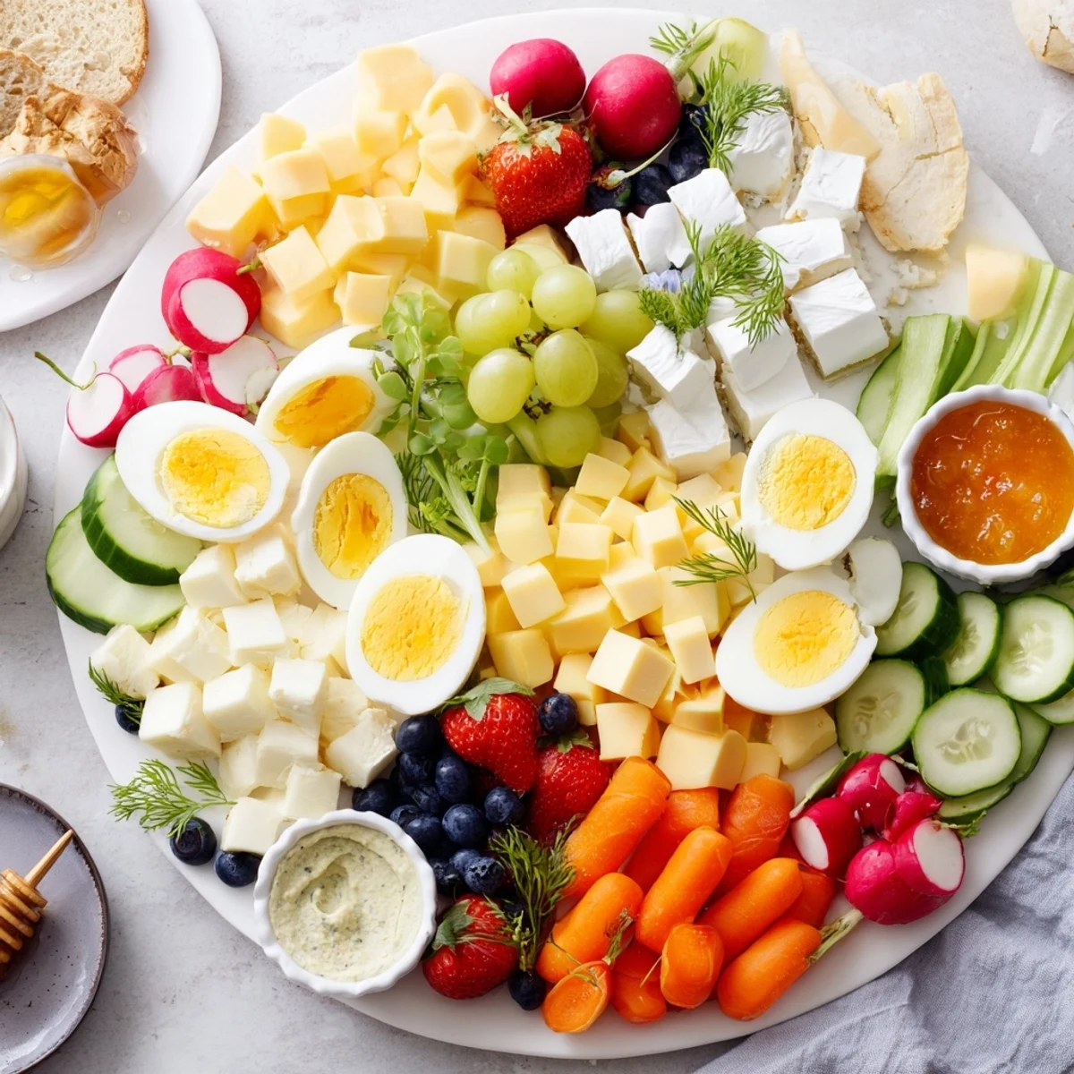 A colorful Easter Egg-cellent Brunch Board overflowing with fresh fruits, cheeses, and artisanal breads for a delicious feast.