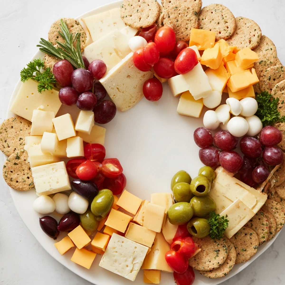 Jingle Bell Cheese & Cracker Wreath: A vibrant, festive appetizer with colorful cheese, grapes, and olives ready to serve.