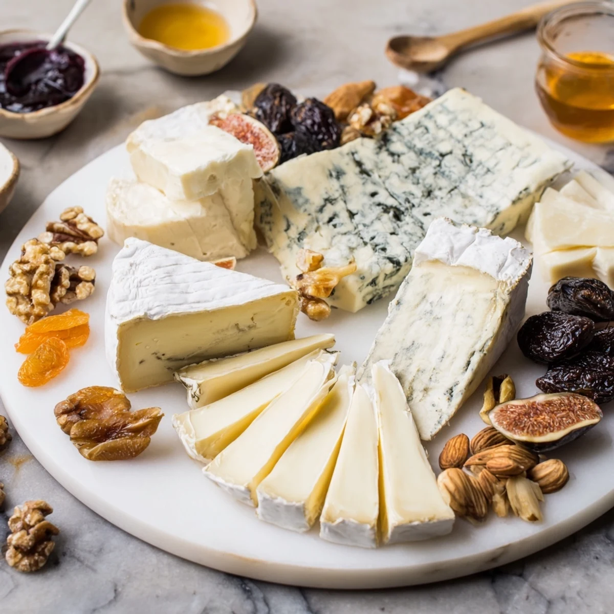 Festive arrangement of Plateau des Rois Mages Gourmand featuring creamy brie, salty prosciutto, and dried fruits for a holiday party.