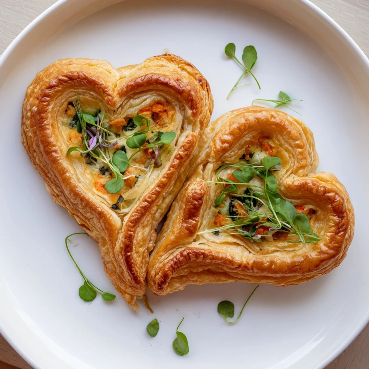Golden-brown Cœurs Entrelacés, a French appetizer, with flaky pastry hearts and a creamy filling.