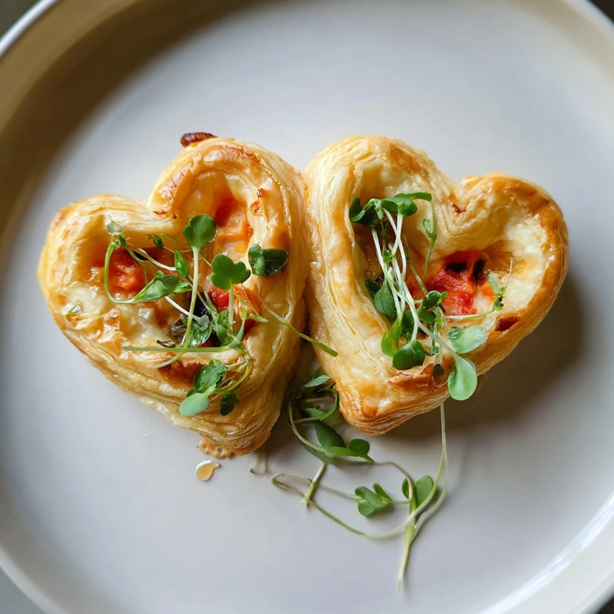 Delicate golden Cœurs Entrelacés sit ready to serve, a Valentine's Day appetizer with a rich flavor.