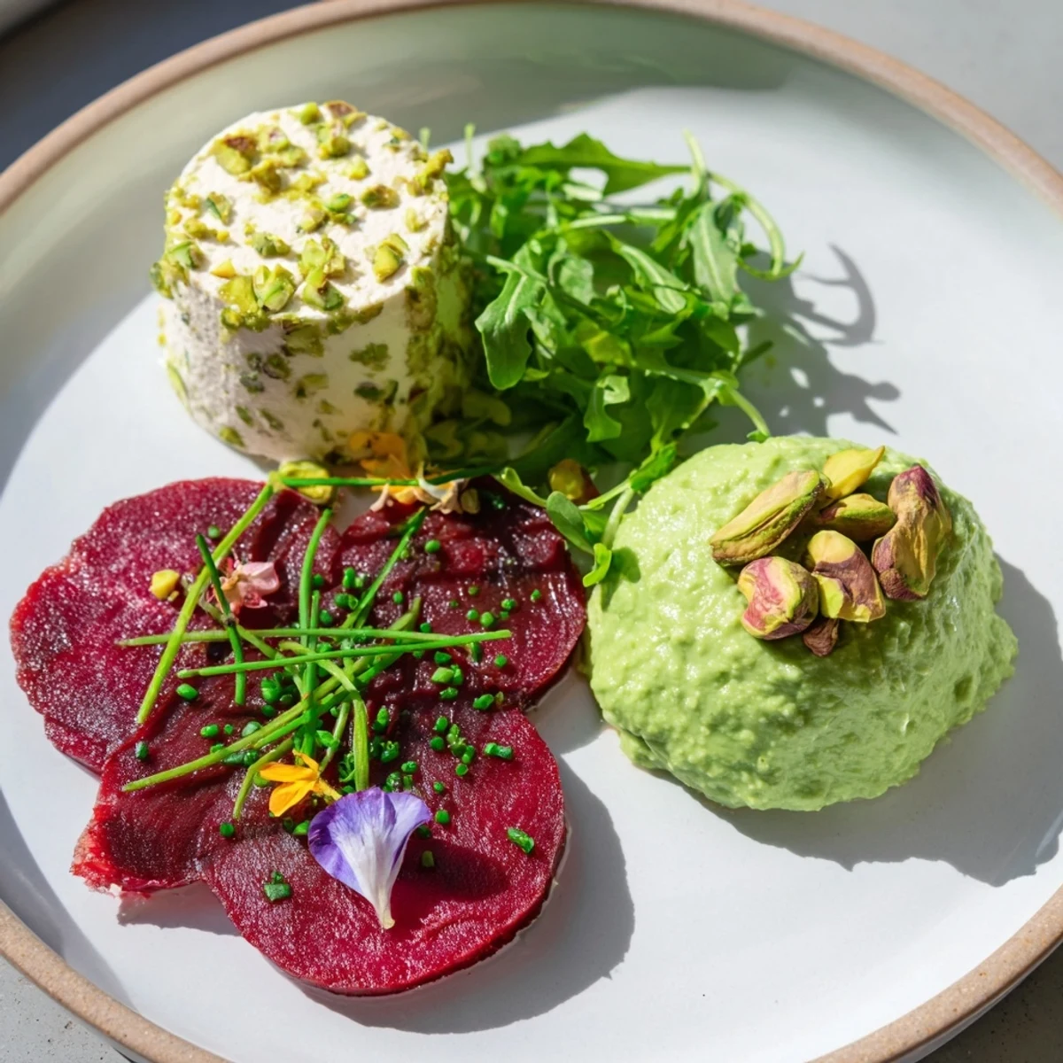 Elegant Lucky Clover Starters: creamy goat cheese, vibrant beet slices, and pea puree arranged beautifully.
