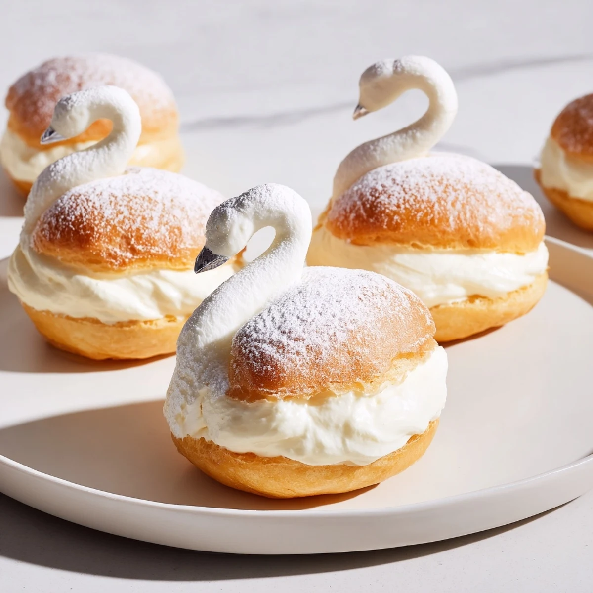 Delicate, powdered-sugar-dusted Elegant Swan Mini Pastries, showcasing elegant French dessert craftsmanship perfectly.