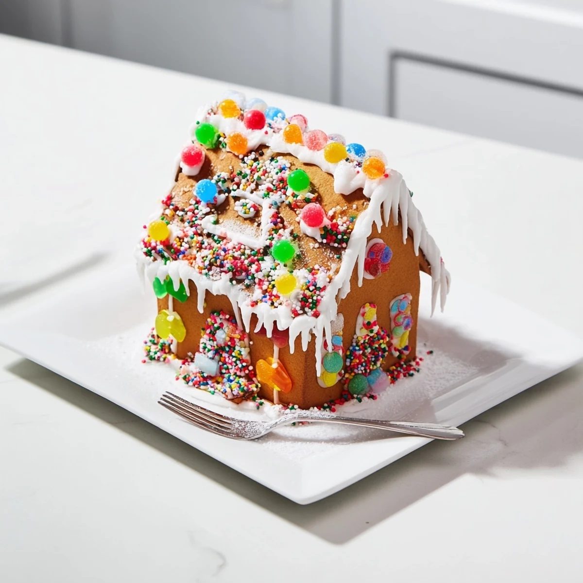 This festive photo shows a completed gingerbread house; its walls are covered in sweet, edible decorations.